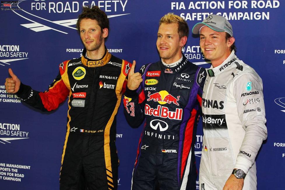 Romain Grosjean (Lotus), Sebastian Vettel (Red Bull) und Nico Rosberg (Mercedes) 