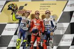 Valentino Rossi (Yamaha), Casey Stoner (Ducati) und Jorge Lorenzo (Yamaha) auf dem Podium
